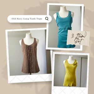 Three Old Navy Long Tank Tops | Turquoise Sequin, Brown Ruffle, Lime Green Bow